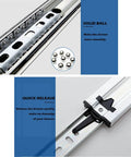 Close-up of 22-Inch Heavy Duty Full Extension Drawer Slides, Ball Bearing Soft Closing Drawer Rails Runners with solid ball design.