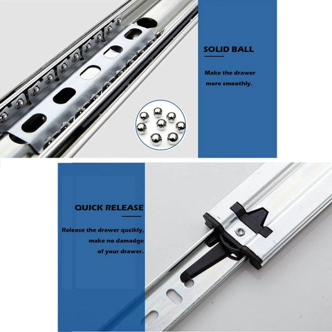 Close-up of 22-Inch Heavy Duty Full Extension Drawer Slides, Ball Bearing Soft Closing Drawer Rails Runners with solid ball design.