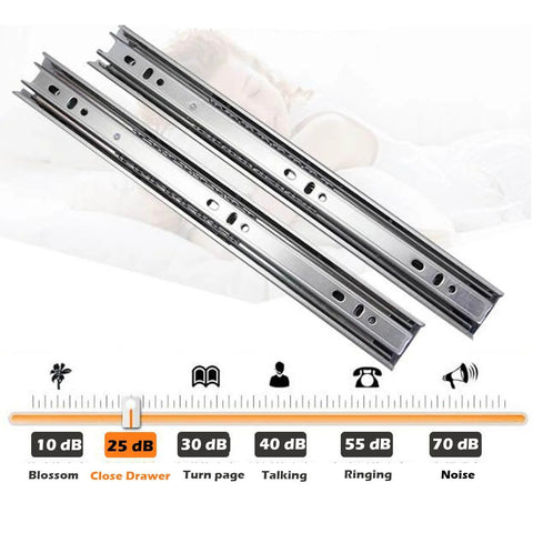 22-Inch Heavy Duty Full Extension Drawer Slides, Ball Bearing Soft Closing Drawer Rails Runners, shown with noise levels