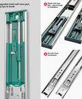 Diagram of 10 Pairs Soft Close Drawer Slides 22 Inch Heavy Duty Side Mount Dresser Cabinet Rails Metal Ball Bearing and comparison of soft close parts