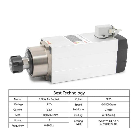 Beefed Up 2.2kW ER25 Air Cooled Spindle with 18000 RPM, Ceramic Ball Bearings, 16mm Shaft, HY 2.2kW Frequency Drive, CNC Machines.