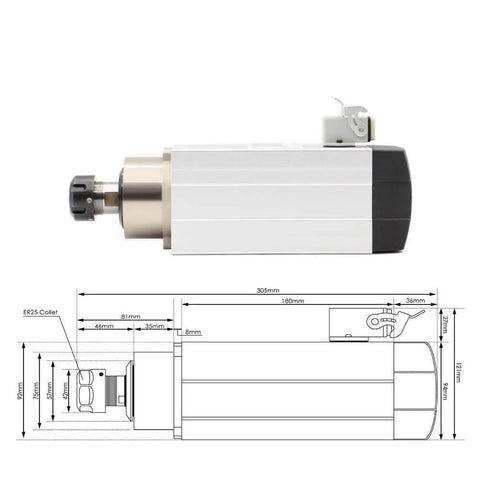 Beefed Up 2.2kW ER25 Air Cooled Spindle With 18000 RPM And 300 Hz shown with dimensions and side view illustration.