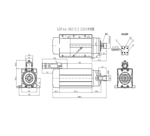 Technical diagram of Powerful 2.2kW Air Cooled CNC Spindle Motor With ER20 4 Bearings 380V Fixed Seat for precision milling.