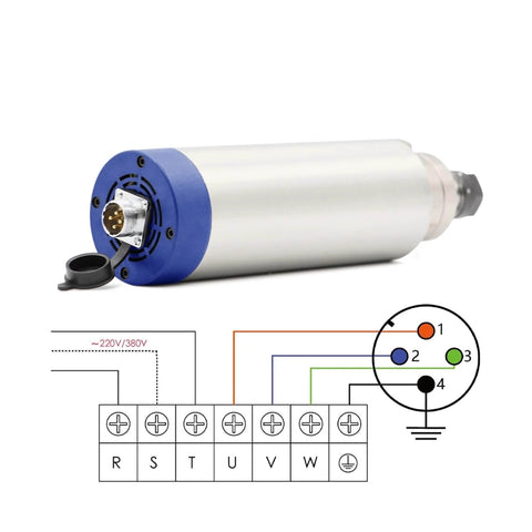 Beefy 2.2KW Air Cooled ER20 Spindle with Four Bearings, 220V, 24000 RPM, shown with wiring diagram for CNC Milling.