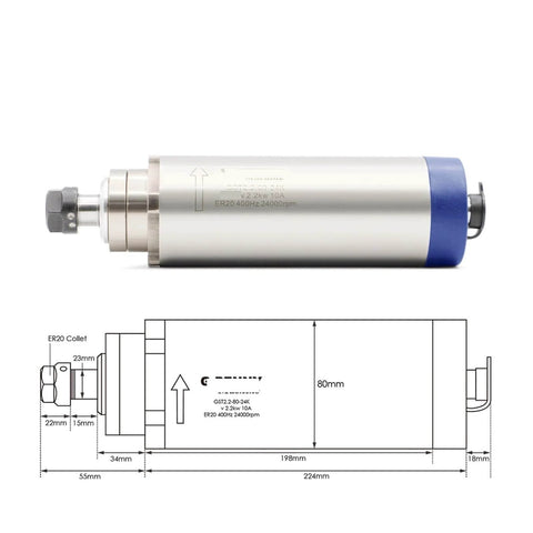Beefy 2.2KW Air Cooled ER20 Spindle With Four Bearings, 220V, 24000 RPM, Includes 80mm Aluminum Bracket And Steel Ball Bearing Setup