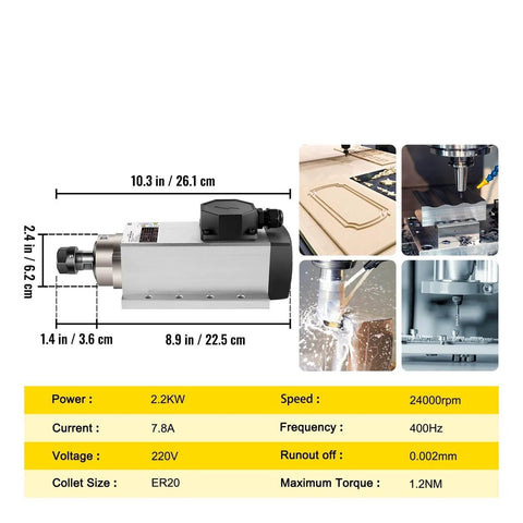 Beefy 2.2KW CNC Air Cooled Spindle Motor With ER20 Collet Four Bearings 24000Rpm shown with specifications and usage examples