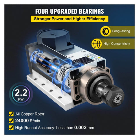 Beefy 2.2KW CNC Air Cooled Spindle Motor With ER20 Collet Four Bearings 24000Rpm High Speed Low Noise Cooling Frequency Converter