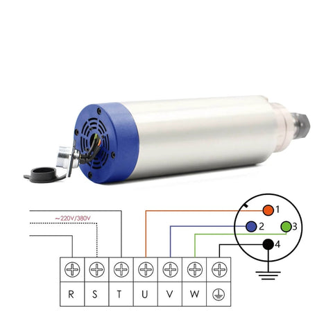 2.2KW ER20 Air Cooled Spindle Motor for Engraving and Milling, 80mm Shaft, wiring diagram visible, silver body, blue end