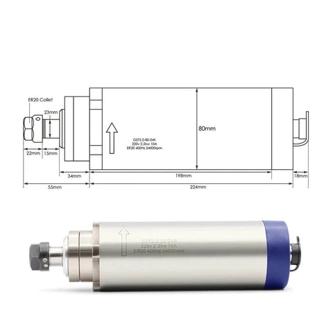 2.2KW ER20 Air Cooled Spindle Motor for Engraving and Milling, 80mm Shaft, 4 Bearings, 110V Water-Cooled System with Diagram