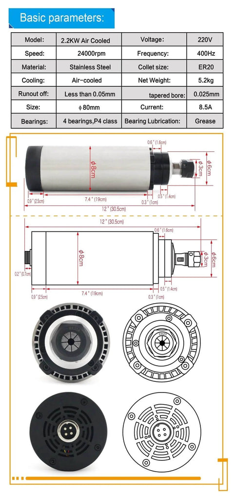 Diagram of CNC Spindle Kit 2.2KW ER20 220V DC 24000 RPM With 4 Bearing High Speed Main Bearings And 2HP Inverter VFD features and specifications