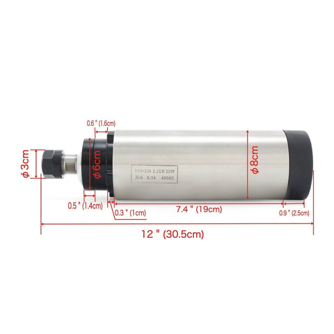 CNC Spindle Kit 2.2KW ER20 220V DC 24000 RPM With 4 Bearing High Speed Main Bearings And 2HP Inverter VFD, size dimensions visible