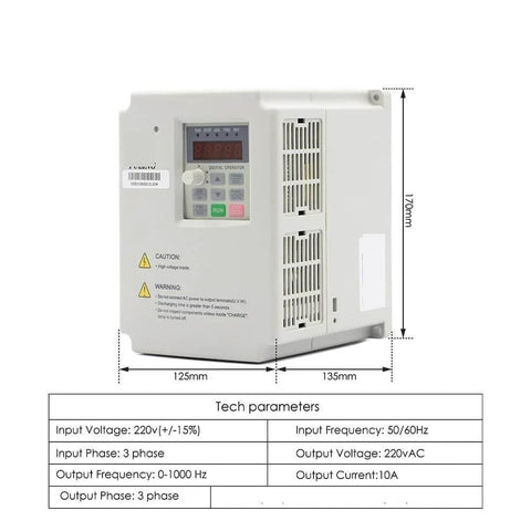 Side view of 2.2kW inverter for Beast 2.2kW ER25 Air Cooled CNC Spindle Kit with tech parameters, built for woodworking and CNC routers.