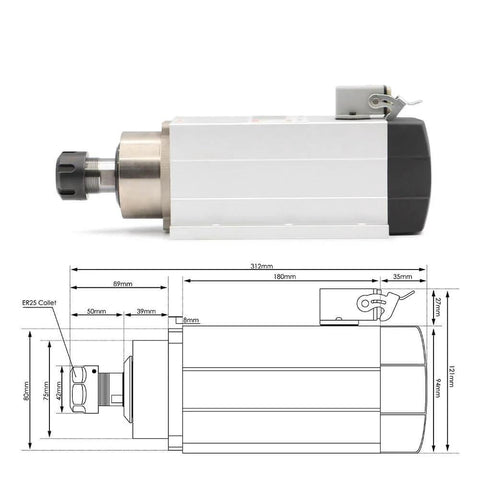 Beast 2.2kW ER25 Air Cooled CNC Spindle Kit side view with detailed dimensions, features air cooling, 0-18000 RPM, 220V operation.