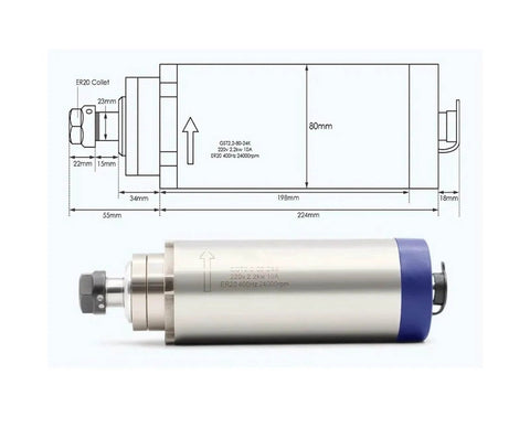 Beefed-Up 2.2kW Air Cooled CNC Spindle 24,000 RPM 80mm Shaft With Ceramic Ball Bearings And Frequency Drive 380V diagram and spindle
