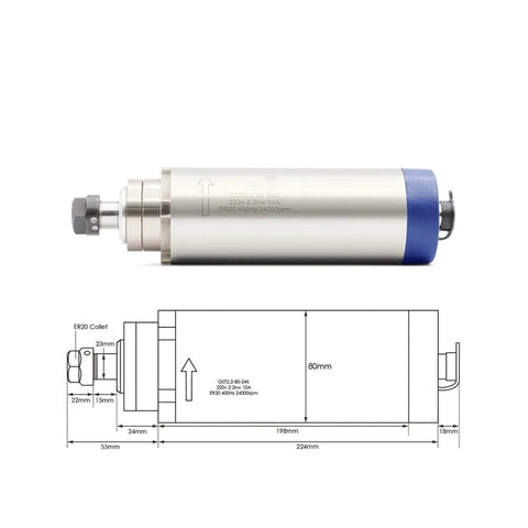 Beefed-Up 2.2kW Air Cooled CNC Spindle 24,000 RPM 80mm Shaft with Ceramic Ball Bearings, 380V drive, precision milling and engraving