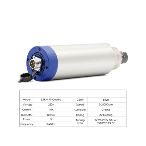 Beefed-Up 2.2kW Air Cooled CNC Spindle 24,000 RPM 80mm Shaft With Ceramic Ball Bearings And Frequency Drive 380V for metalworking