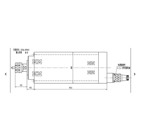 Technical drawing of Beefy 2.2KW Air Cooled CNC Spindle Motor ER20 with four bearings, showing dimensions and details for CNC machining.