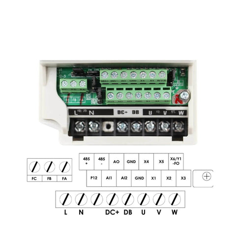 Control panel of 3 phase inverter VFD for 2.2 kW CNC Air Cooled Spindle Motor With ER20 Bearings, showing wiring terminal layout.