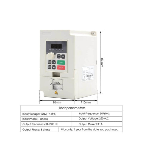 3 Phase Inverter VFD for 2.2 kW CNC Air Cooled Spindle Motor With ER20 Bearings, 90x110x150mm, voltage and frequency specifications visible