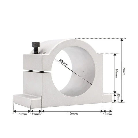 80mm aluminum clamp bracket for 2.2 kW CNC air cooled spindle motor with ER20 bearings, side view with measurements