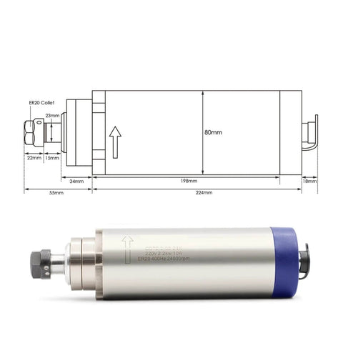2.2 kW CNC Air Cooled Spindle Motor with ER20 Bearings front view, featuring 80mm clamp bracket and variable speed control for precise machining