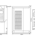 Technical drawing of VFD inverter for 2.2kW 220V ER25 CNC Spindle Motor, showing dimensions and panel controls.