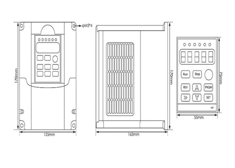 Technical drawing of VFD inverter for 2.2kW 220V ER25 CNC Spindle Motor, showing dimensions and panel controls.