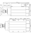 Technical drawing of a 2.2kW 220V ER25 CNC Spindle Motor with dimensions, air-cooled, ceramic ball bearings, 0.01mm runout.
