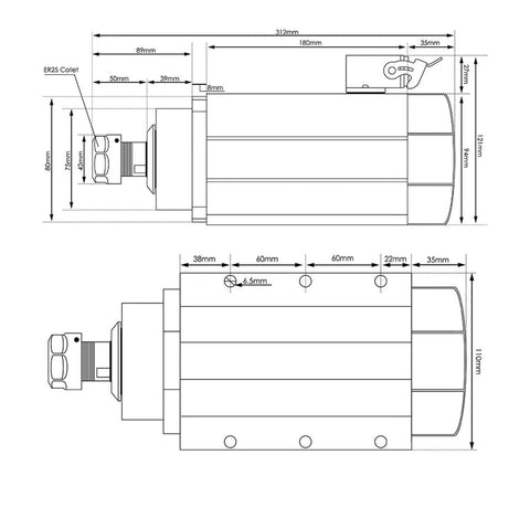 Technical drawing of a 2.2kW 220V ER25 CNC Spindle Motor with dimensions, air-cooled, ceramic ball bearings, 0.01mm runout.