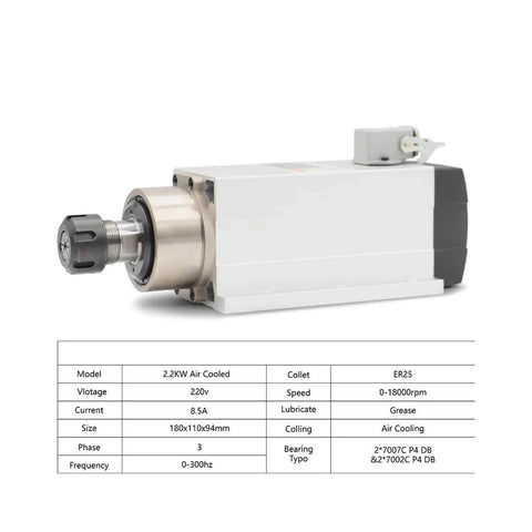 2.2kW 220V ER25 CNC Spindle Motor, Air Cooled, Ceramic Ball Bearings 0.01mm Runout with specifications table