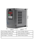 Side view of VFD inverter for 2.2kW 220V ER25 CNC Spindle Motor, dimensions marked, shows input and output voltage details.