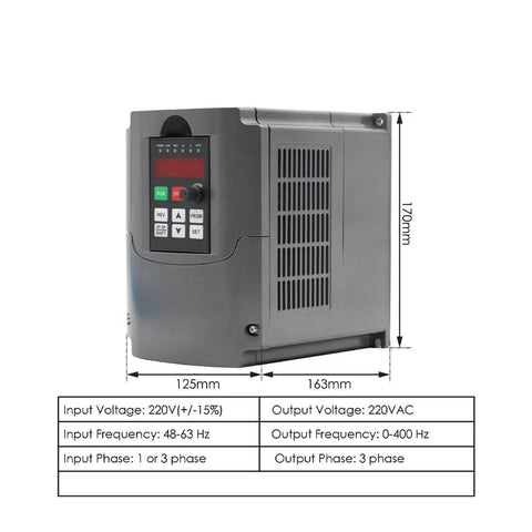 Side view of VFD inverter for 2.2kW 220V ER25 CNC Spindle Motor, dimensions marked, shows input and output voltage details.