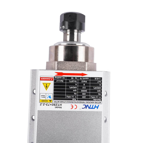 Close-up of 2 Point 2KW Air Cooled Square CNC Spindle Motor 220V 24000RPM ER20 Beefed Up Pro Grade Collet with label.