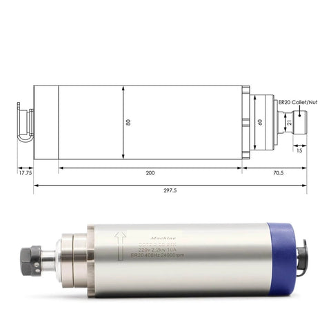 2.2KW ER20 Air Cooled Spindle Motor with 80mm Housing, drawing and front view