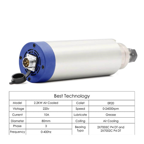 2.2KW ER20 Air Cooled Spindle Motor With 80mm Housing Four Ceramic Bearings 400Hz CNC Spindle