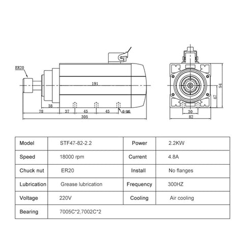 Technical diagram of 2.2KW ER20 Spindle Motor Square Air Cooled CNC Spindle With 4 Bearings 220V/380V Dual Voltage.