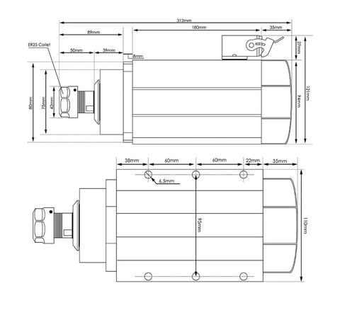 Technical drawing of Powerful 2.2kW ER25 CNC Spindle Motor With Flange, 220V Air Cooled Ceramic Ball Bearings, high speed spindle.