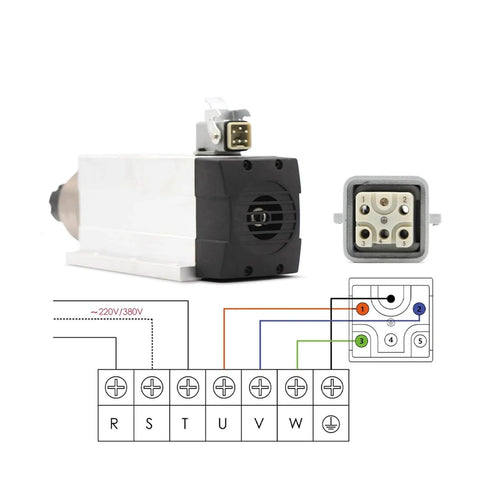 Powerful 2.2kW ER25 CNC Spindle Motor With Flange, 220V Air Cooled Ceramic Ball Bearings, side view with wiring diagram
