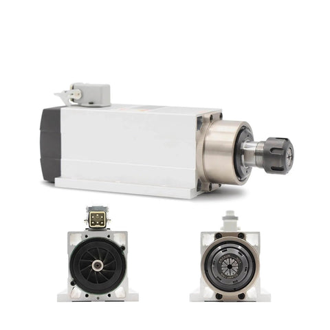 Powerful 2.2kW ER25 CNC Spindle Motor With Flange, 220V air cooled, ceramic ball bearings, high speed, side and front view