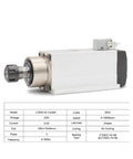 Powerful 2.2kW ER25 CNC Spindle Motor With Flange showing specifications, 220V air-cooled ceramic ball bearings, used for milling and routing
