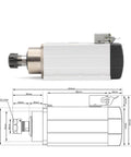 Powerful 2.2kW ER25 CNC Spindle Motor With Flange, 220V Air Cooled Ceramic Ball Bearings, side view with dimensions