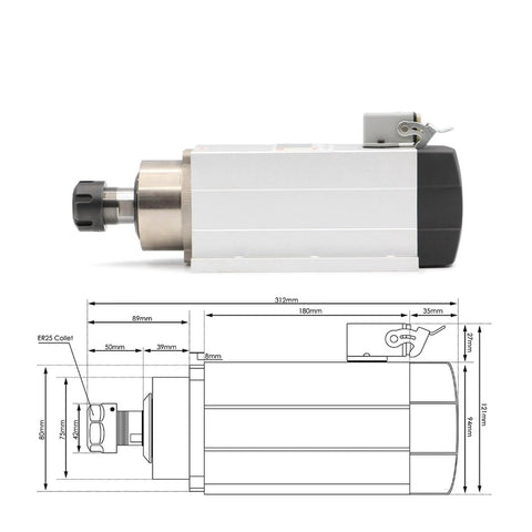 Powerful 2.2kW ER25 CNC Spindle Motor With Flange, 220V Air Cooled Ceramic Ball Bearings, side view with dimensions