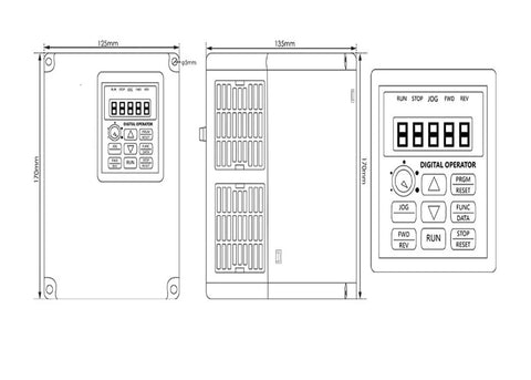 Technical drawing of a VFD inverter included with 220V 2.2kW ER25 Woodworking Spindle Air Cooled With Ceramic Ball Bearings.