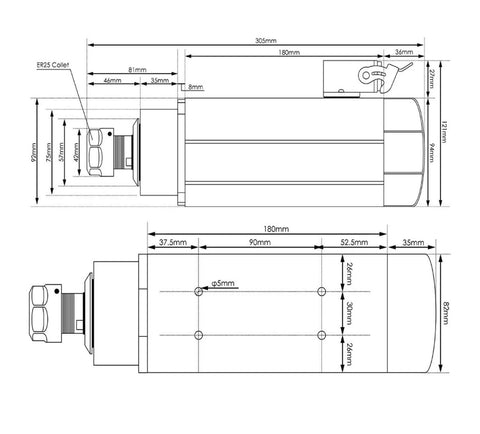 Technical diagram of 220V 2.2kW ER25 Woodworking Spindle Air Cooled With Ceramic Ball Bearings dimensions