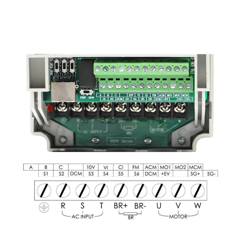 220V 2.2kW ER25 Woodworking Spindle Air Cooled With Ceramic Ball Bearings VFD Inverter connections and terminal view