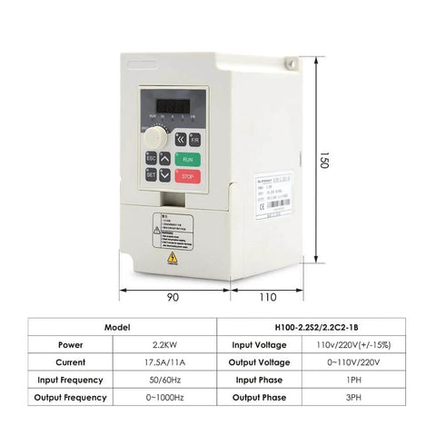 Input voltage dimensions and specifications for 2.2KW Air Cooled ER20 Spindle Motor Kit 0.01mm Precision 24,000 RPM 220V AC Inverter Ready VFD
