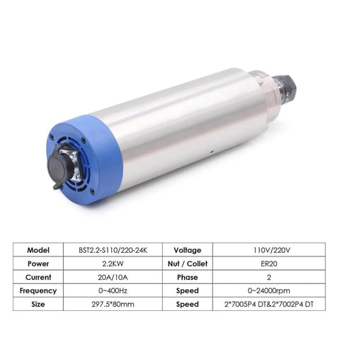 2.2KW Air Cooled ER20 Spindle Motor Kit with 0.01mm Precision, 24,000 RPM, VFD Ceramic Ball Bearings, includes table of specifications
