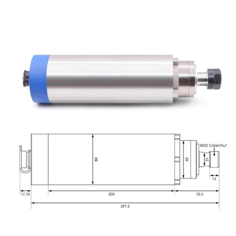 2.2KW Air Cooled ER20 Spindle Motor Kit with 80mm bracket and 24,000 RPM specs, shown with technical diagram for CNC woodworking