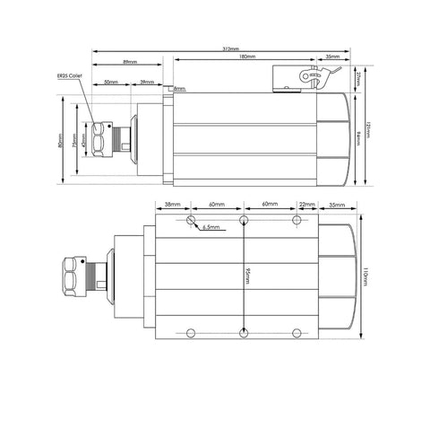 Technical drawing of Air Cooled 2.2kW ER25 Spindle with Ceramic Bearings and 4 Bearing Main Assembly