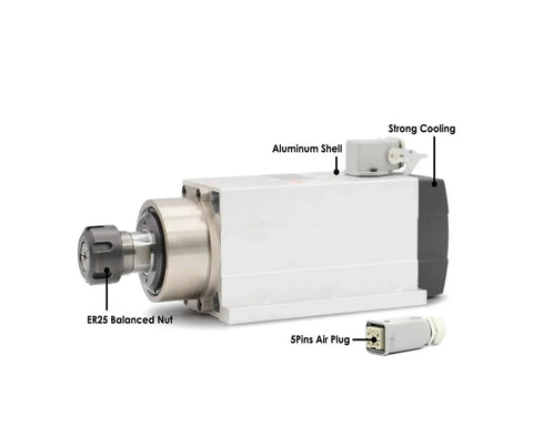 Air Cooled 2.2kW ER25 Spindle With Ceramic Ball Bearings, 4 Bearing Main Assembly, showing aluminum shell and air plug